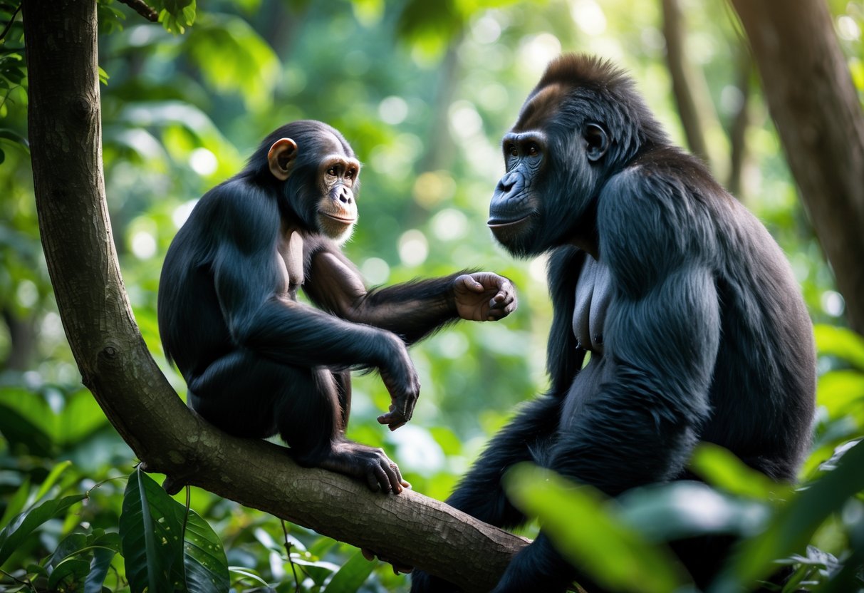 A chimpanzee sitting on a tree branch reaching out to a gorilla standing on the forest floor surrounded by green foliage.