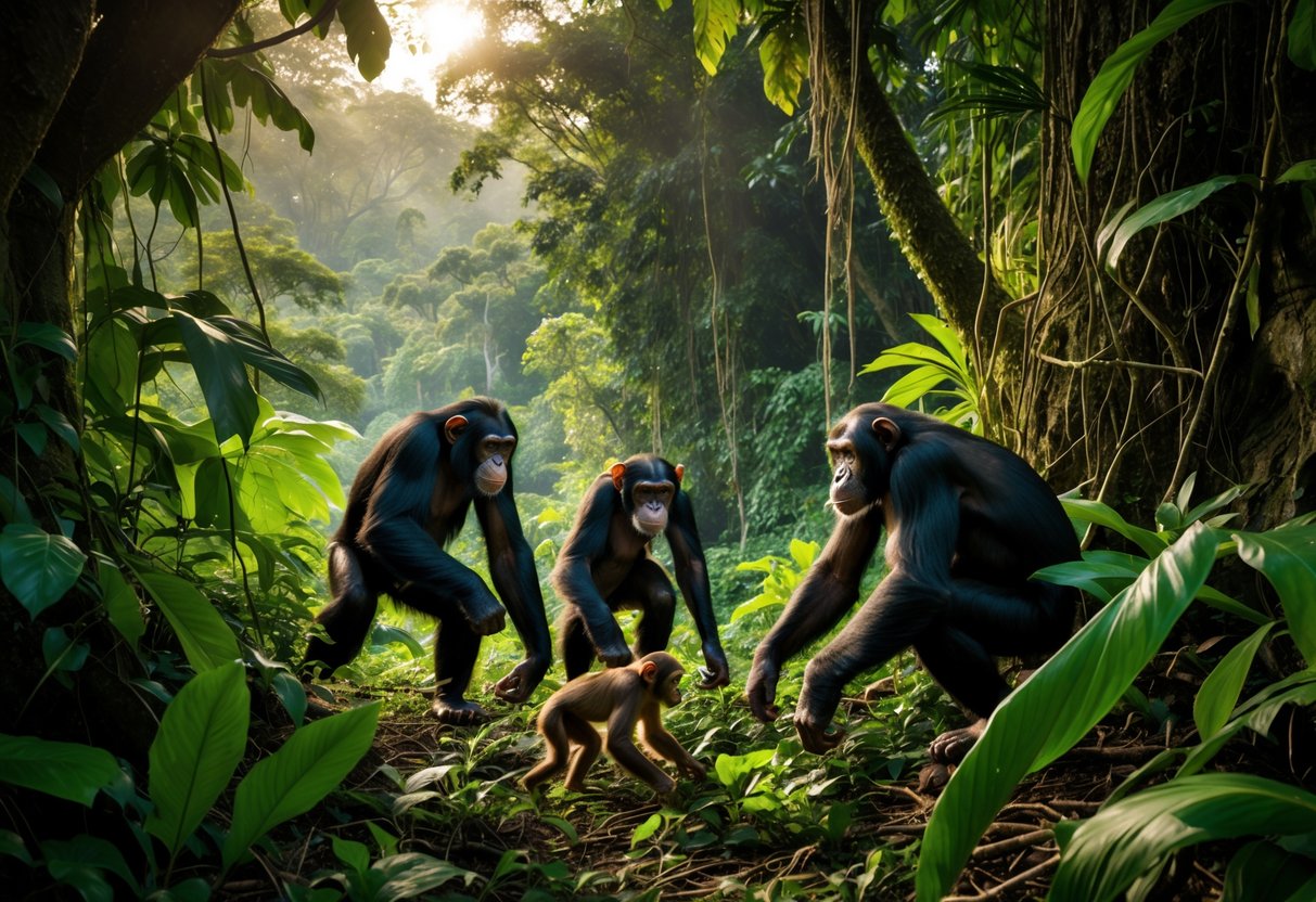 A group of chimpanzees hunting a smaller monkey in a dense tropical rainforest.