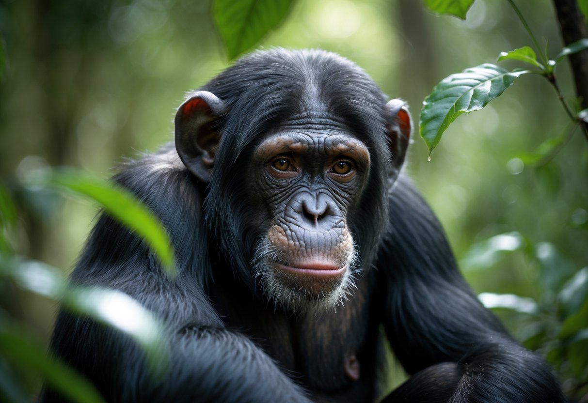 Close-up of a chimpanzee with a sad expression sitting in a forest, with light reflecting near its eyes.