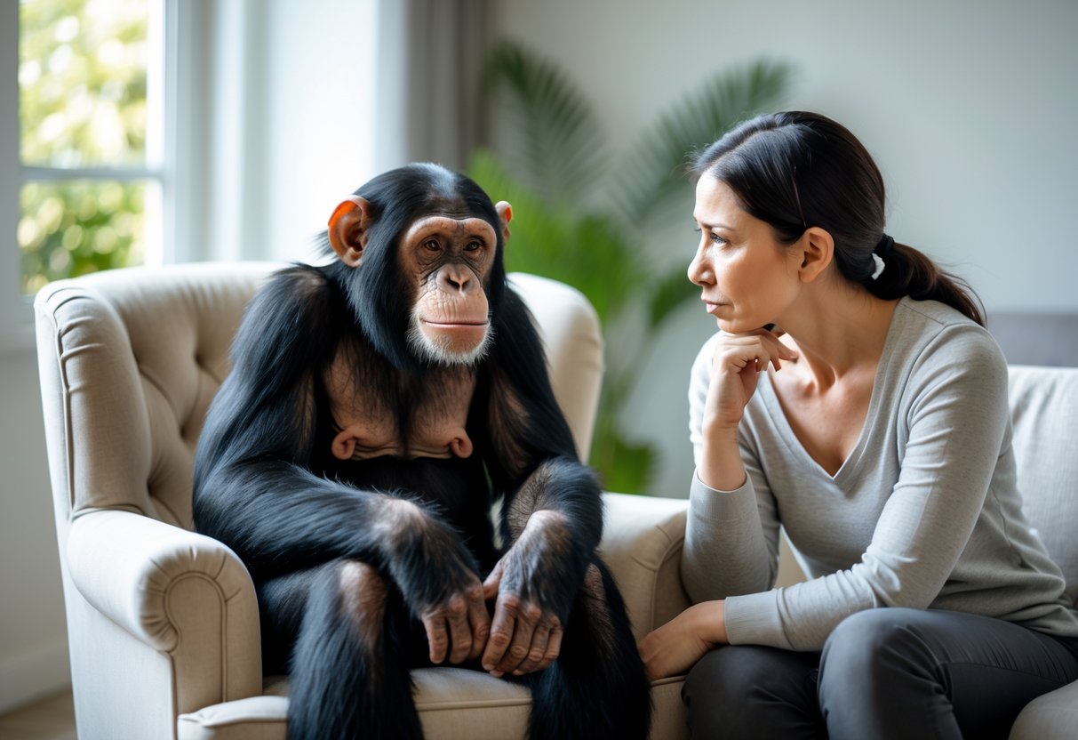 A chimpanzee sitting on an armchair next to a concerned adult human in a softly lit indoor room.