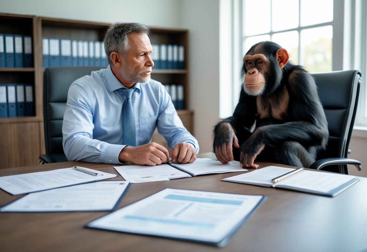 A man sitting at a desk with a chimpanzee across from him in an office setting, surrounded by documents and books.