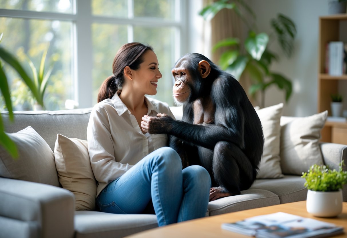 A person sitting on a sofa smiling at a chimpanzee perched nearby in a bright living room.