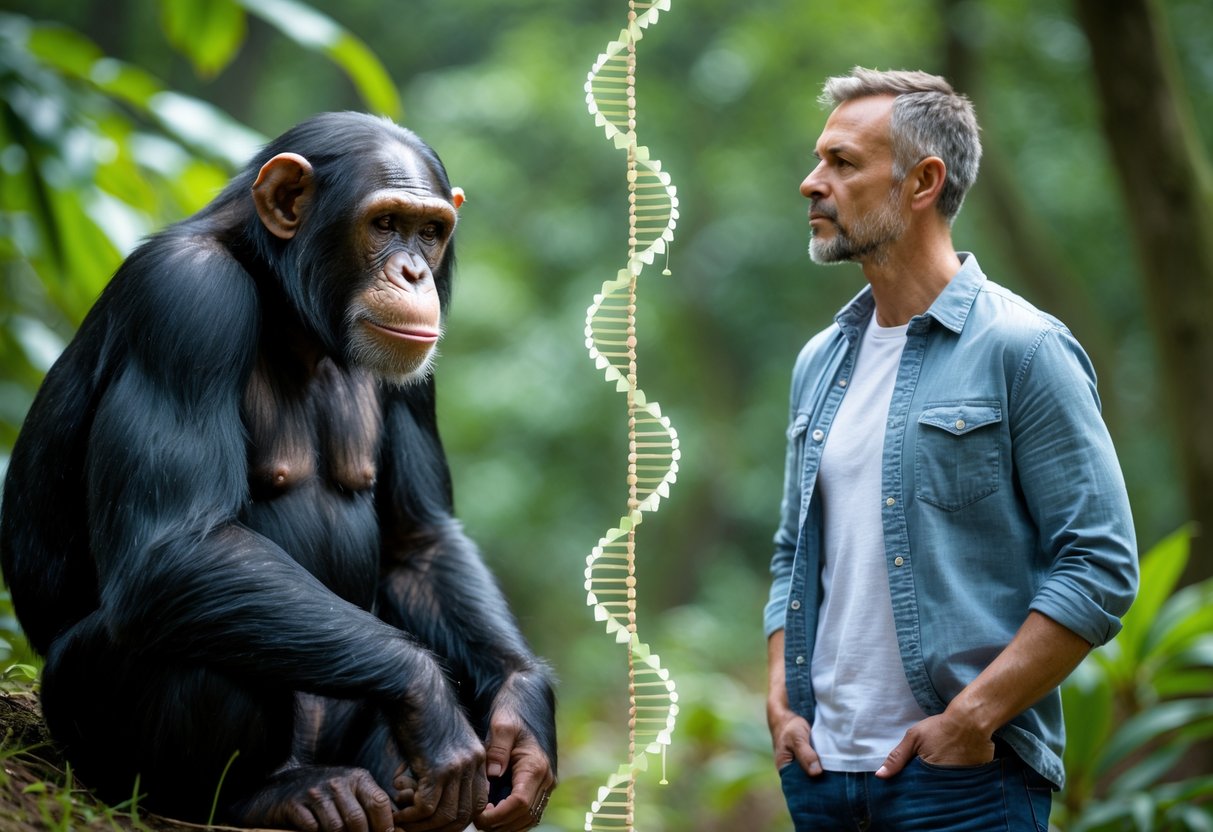 A chimpanzee sitting on forest ground looks toward a standing human adult with a DNA helix floating between them.
