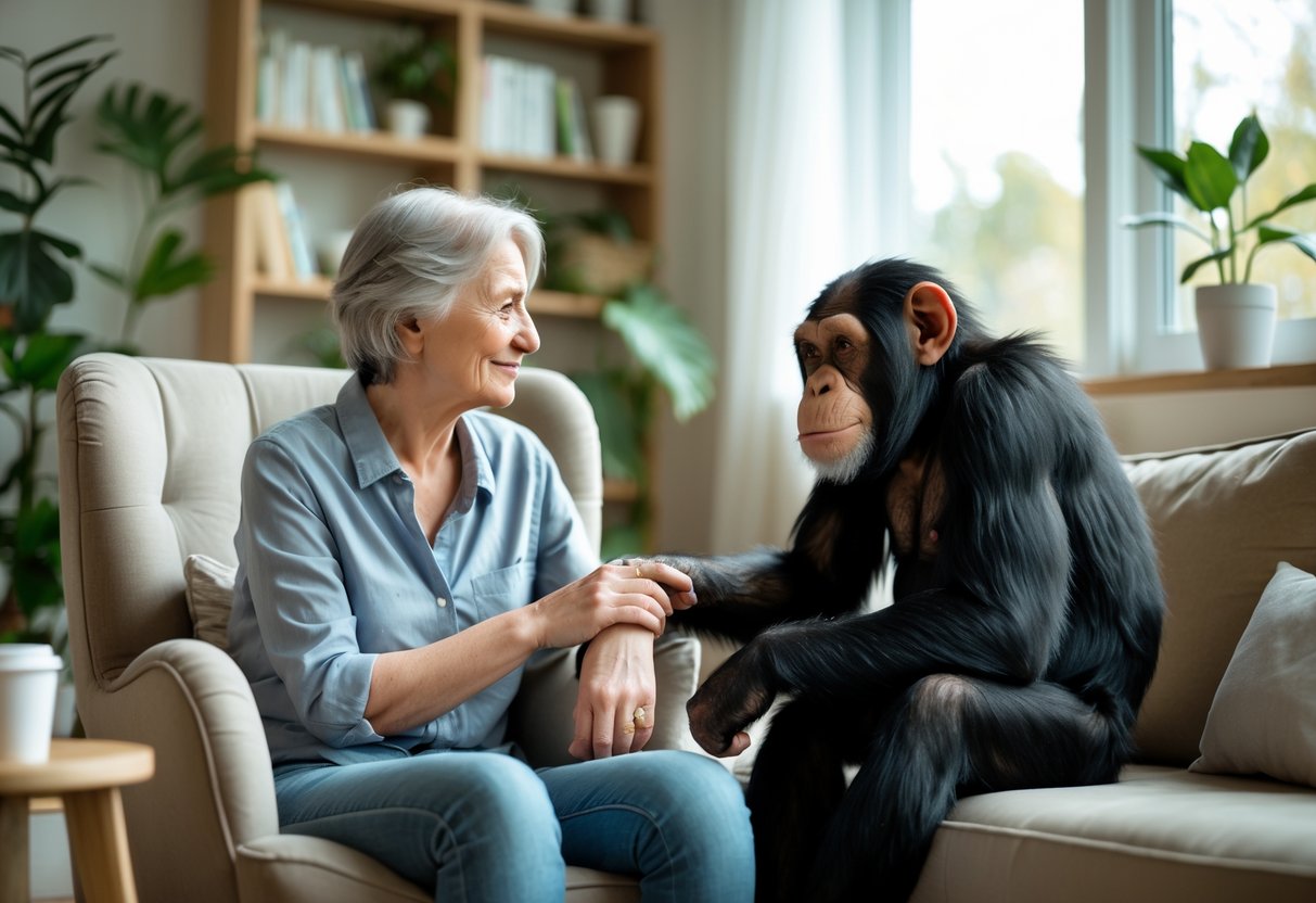 A person sitting in a living room calmly interacting with a chimpanzee seated nearby on an armchair.
