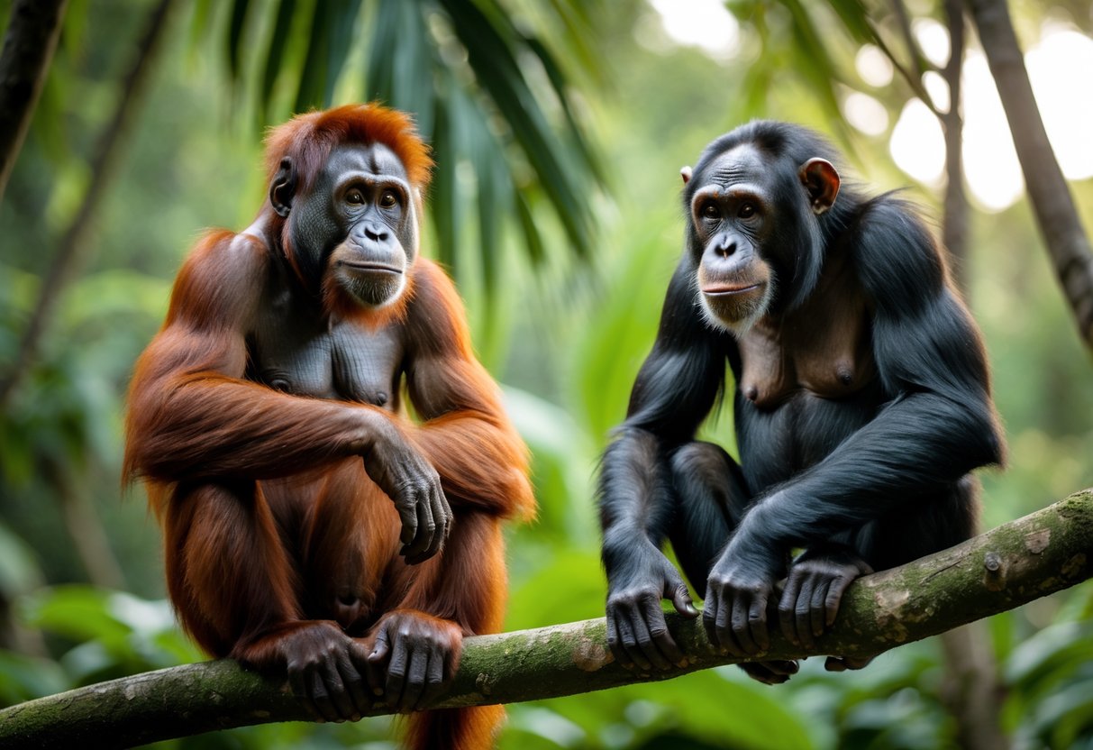 An orangutan calmly sitting on a tree branch and a chimpanzee perched nearby in a green jungle.