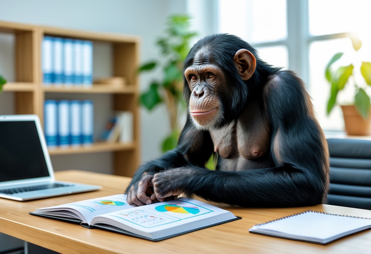 A chimpanzee sitting at a desk looking thoughtfully at an open book with a laptop and notepad nearby in a bright office setting.