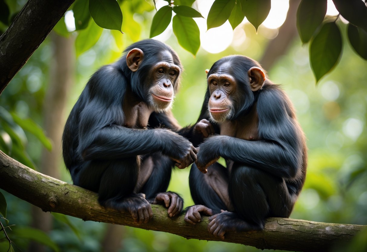 Two chimpanzees sitting close together on a tree branch, gently touching each other in a forest.