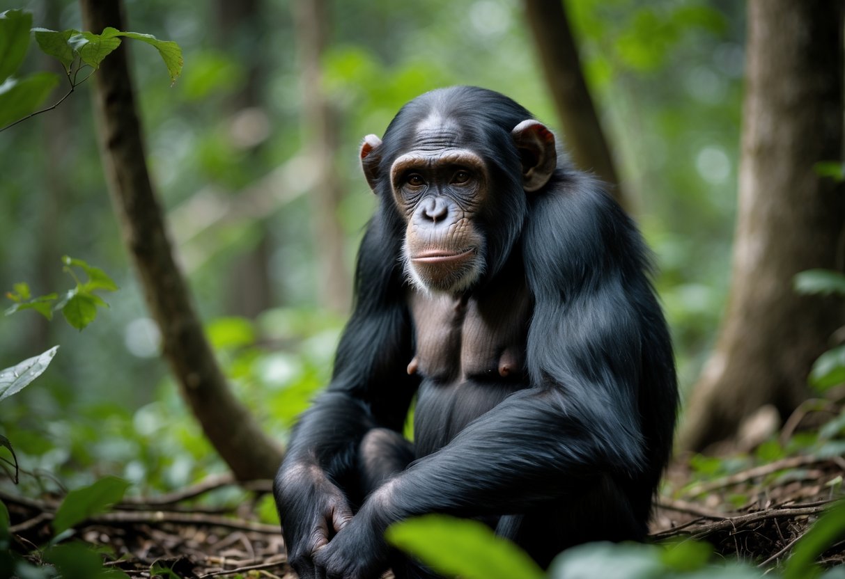 A chimpanzee sitting calmly on the ground in a forest surrounded by green plants.