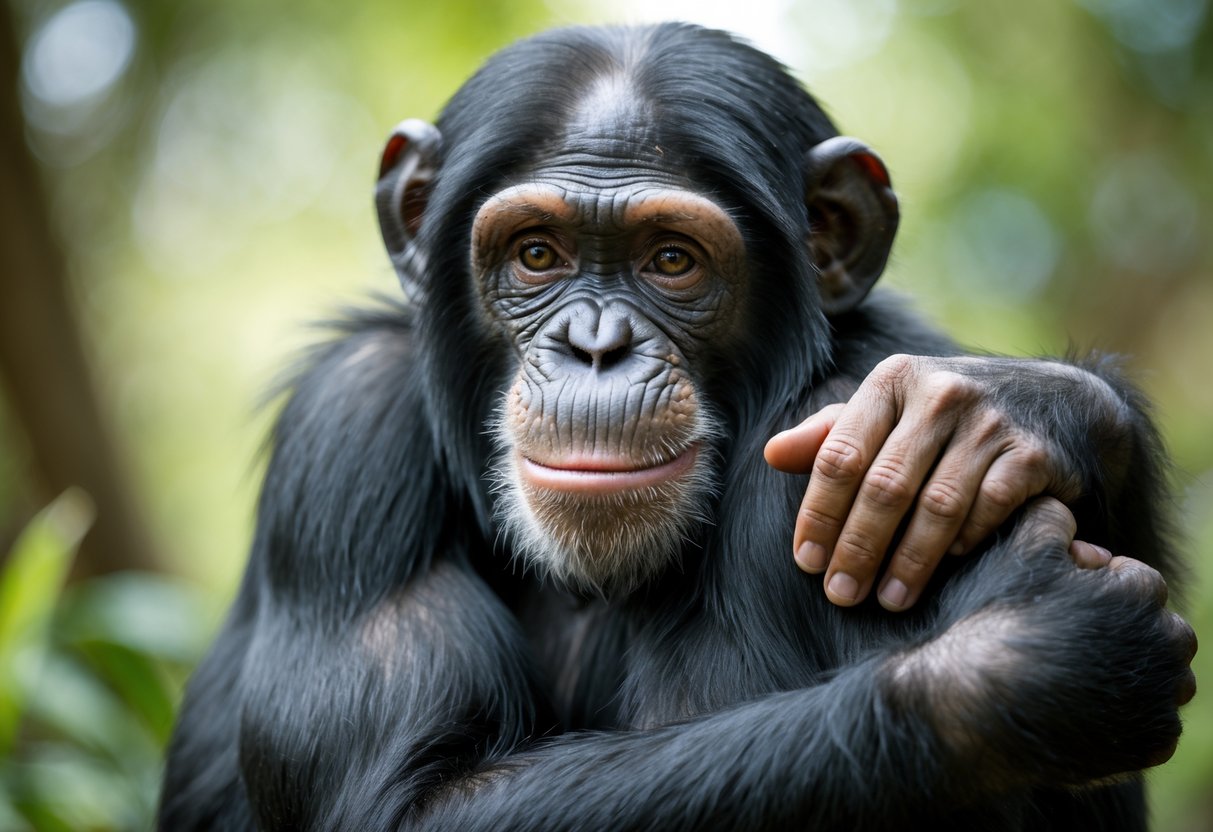 A chimpanzee and a human gently hugging outdoors, both appearing calm and content.
