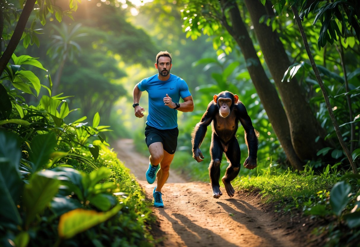 A human runner and a chimpanzee sprinting side by side on a forest trail.