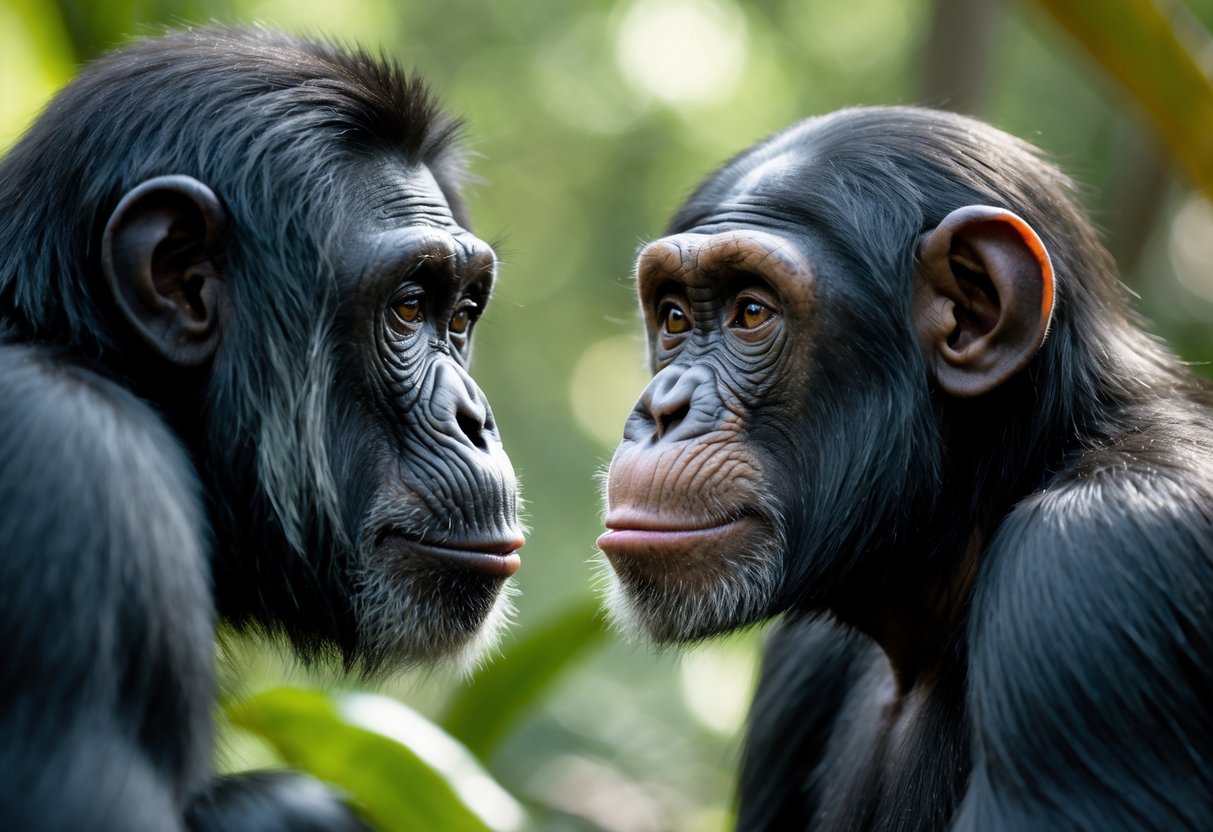 A human and a chimpanzee making gentle eye contact in a natural outdoor setting surrounded by greenery.