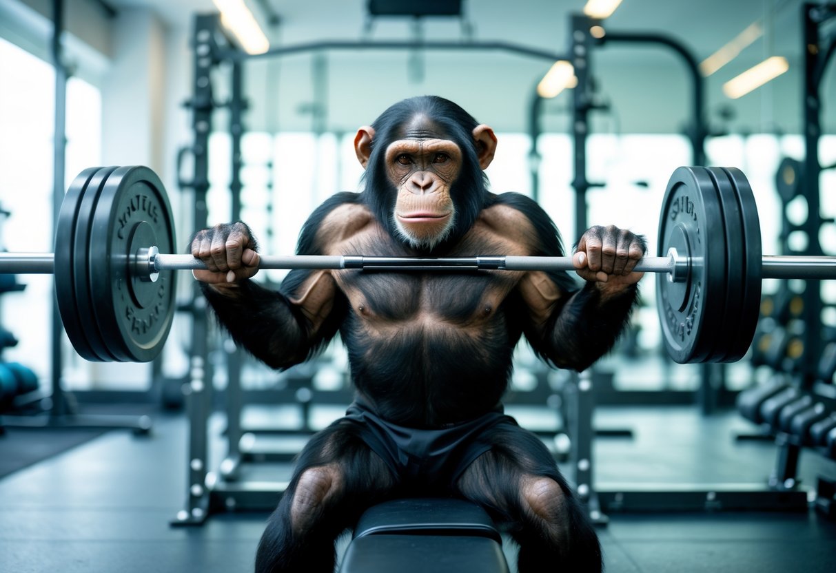 A chimpanzee lifting a barbell on a bench press in a gym.