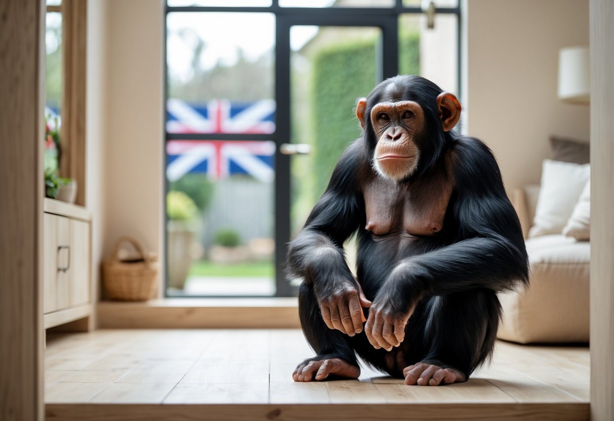 A chimpanzee sitting calmly inside a secure indoor enclosure with a window showing a British garden outside.