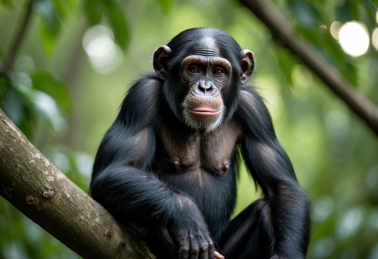 A chimpanzee sitting calmly on a tree branch in a forest.