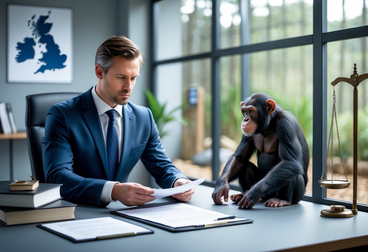 A legal expert reviews documents in an office with a chimpanzee visible in a secure enclosure through a window.