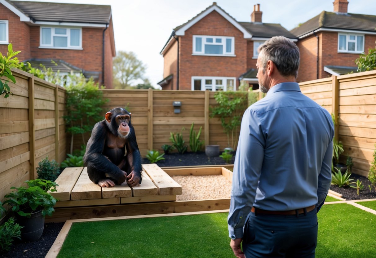 A chimpanzee sitting inside a secure outdoor enclosure in a British backyard while an adult owner watches nearby.