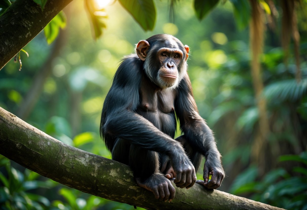 An elderly chimpanzee sitting on a tree branch in a green jungle with sunlight filtering through the leaves.