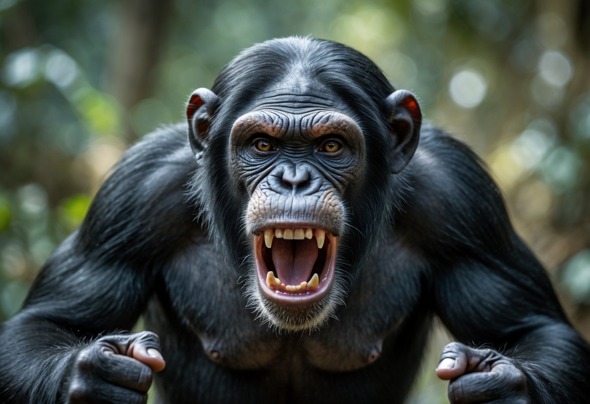 Close-up of an angry chimpanzee showing its teeth and tense body in a forest setting.