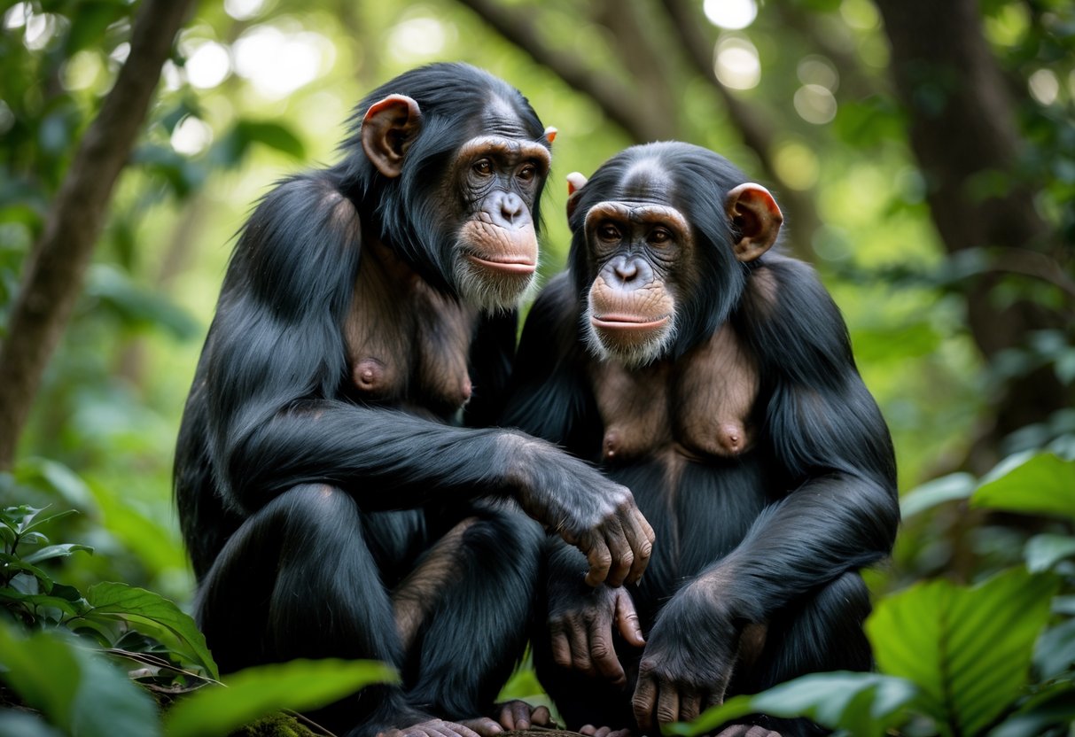Two chimpanzees sitting close together in a green forest, showing a gentle bond.