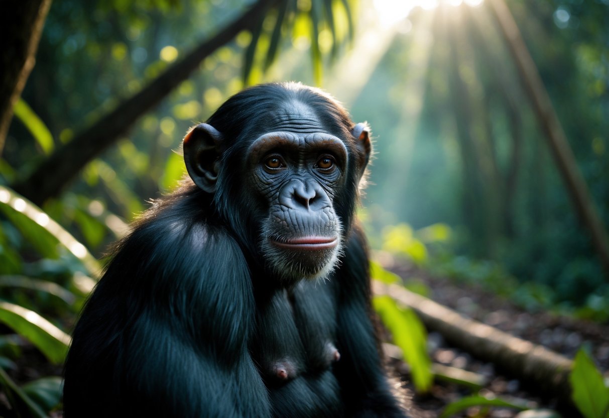 A chimpanzee sitting in a dense forest with sunlight filtering through the trees, surrounded by signs of habitat destruction.