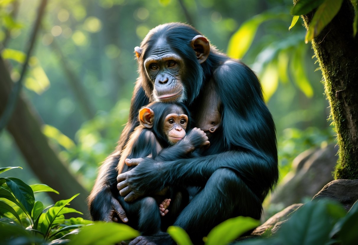 A chimpanzee mother gently holding her baby in a green forest setting.