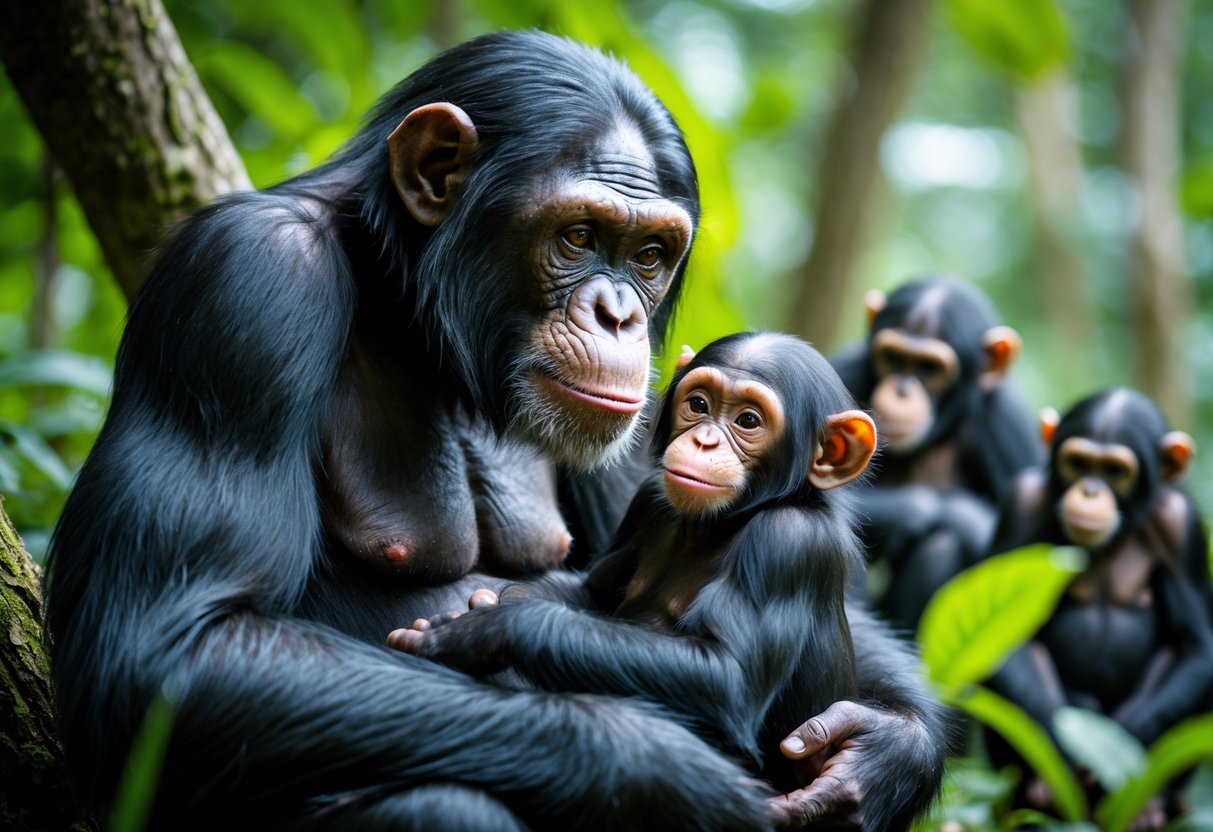 A chimpanzee mother holding and caring for her baby in a green forest setting.