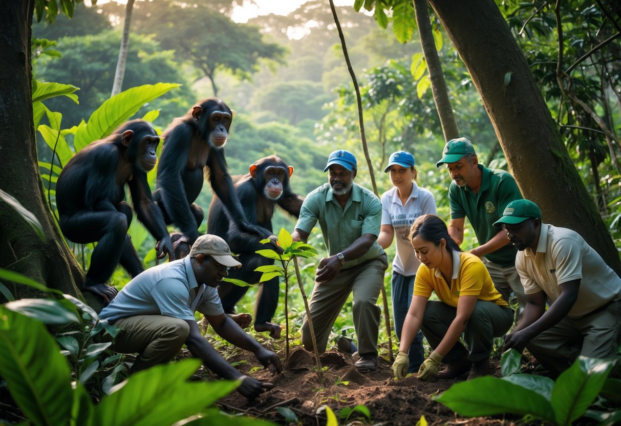 A group of chimpanzees in a forest with conservationists and community members planting trees and setting up equipment to protect the animals.
