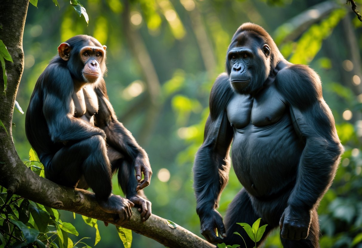 A chimpanzee sitting on a tree branch next to a gorilla standing on the ground in a dense jungle.
