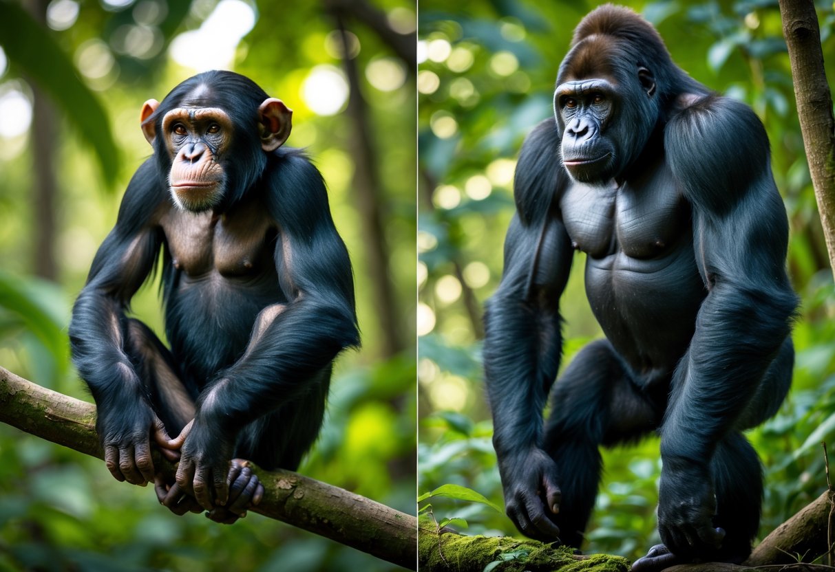 A chimpanzee sitting on a tree branch and a gorilla standing on the forest floor surrounded by green foliage.
