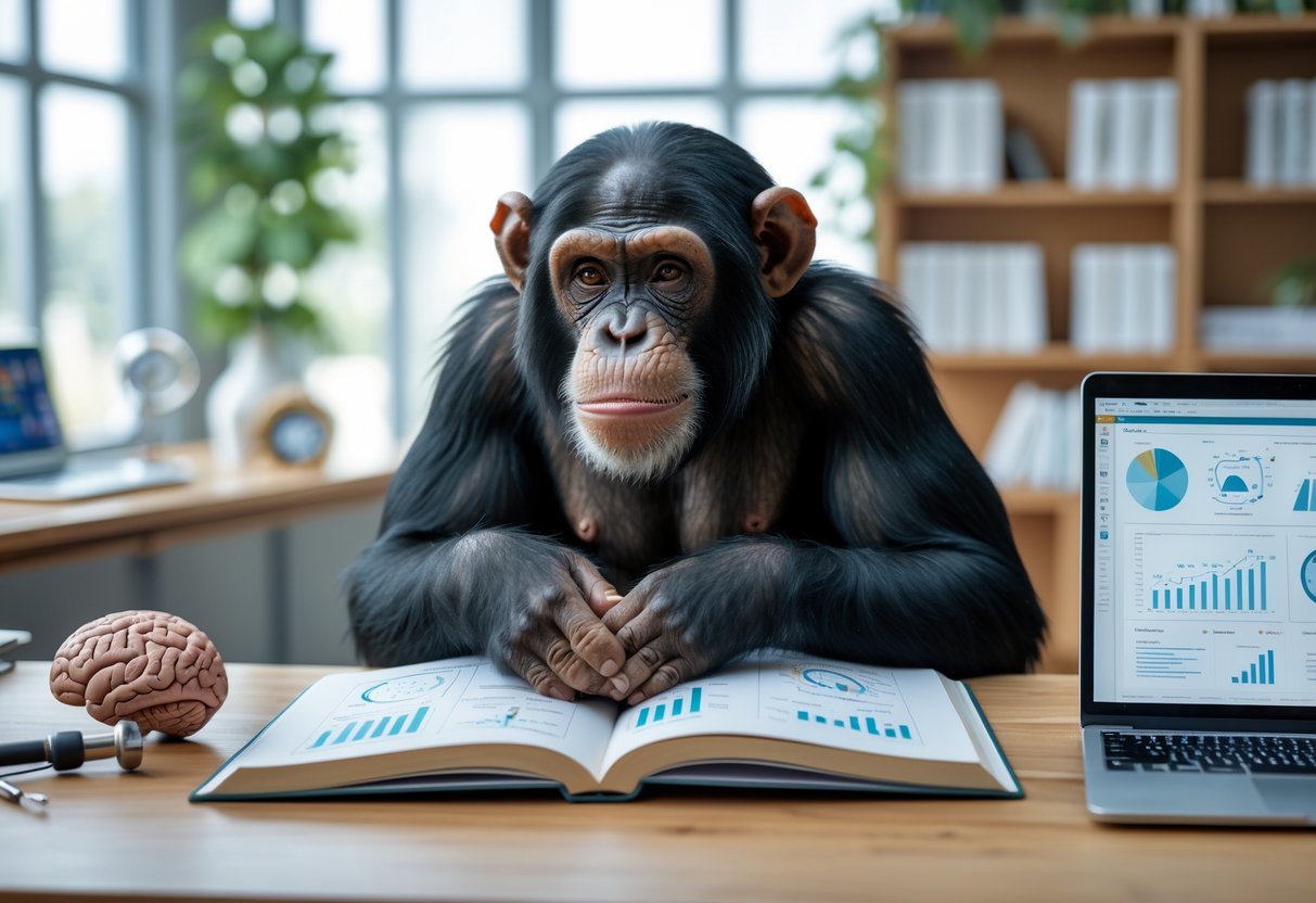 A chimpanzee sitting at a desk, looking at an open book with scientific tools and a laptop nearby in a bright office.