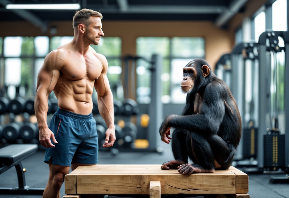 A fit man in workout clothes facing a chimpanzee sitting on a wooden platform in a gym.
