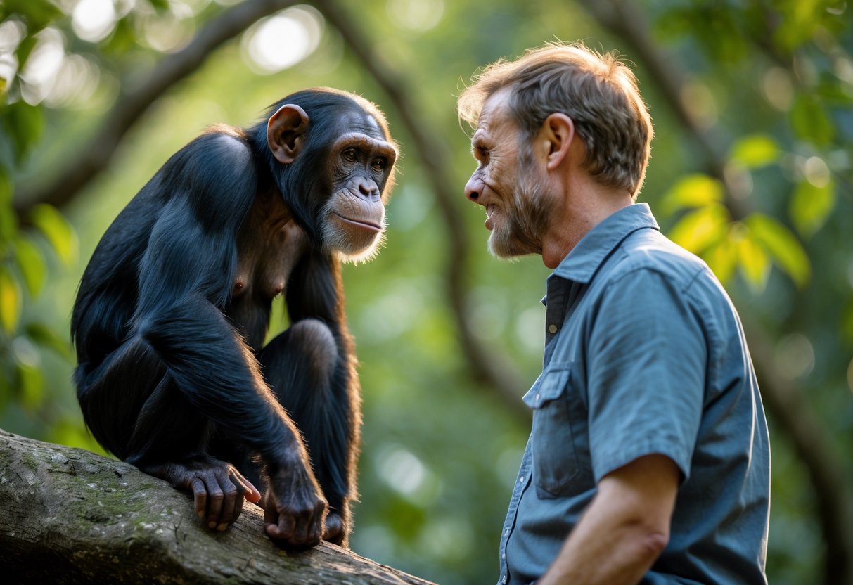 A chimpanzee and a human looking at each other closely in a forest setting.
