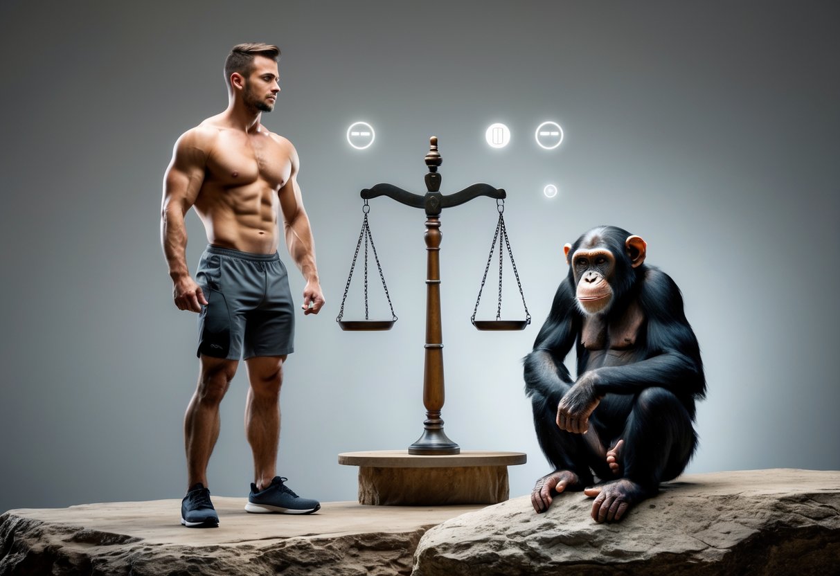 A fit man and a chimpanzee face each other with a balanced scale between them, symbolizing a comparison of their abilities.
