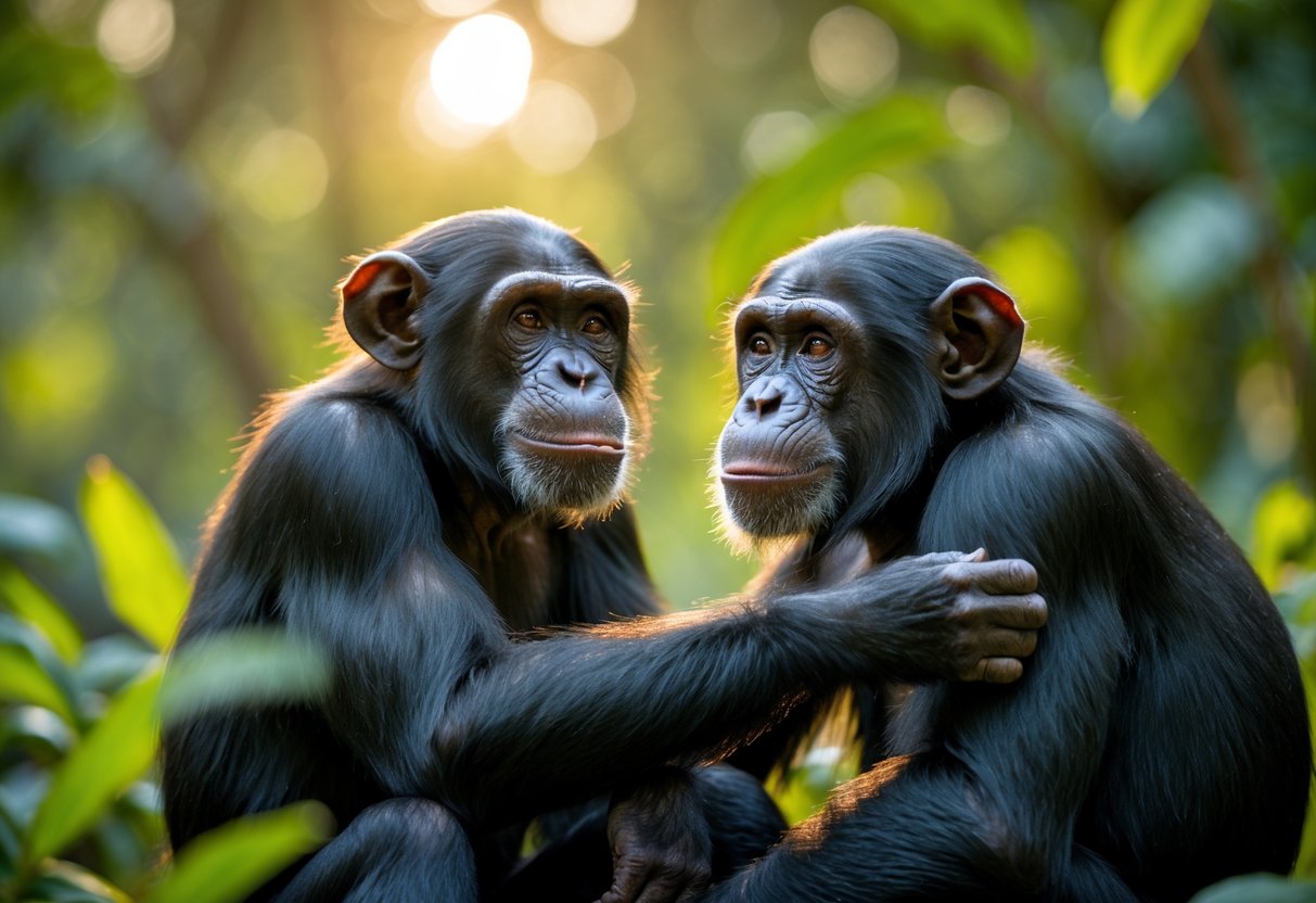 Two chimpanzees gently interacting with each other in a green forest setting.