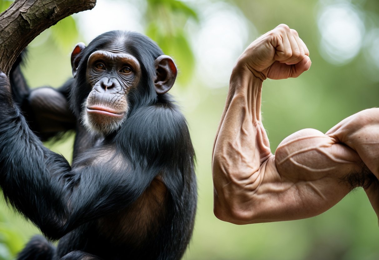 A close-up of a chimpanzee's arm and a human arm side by side, both flexing their muscles outdoors.