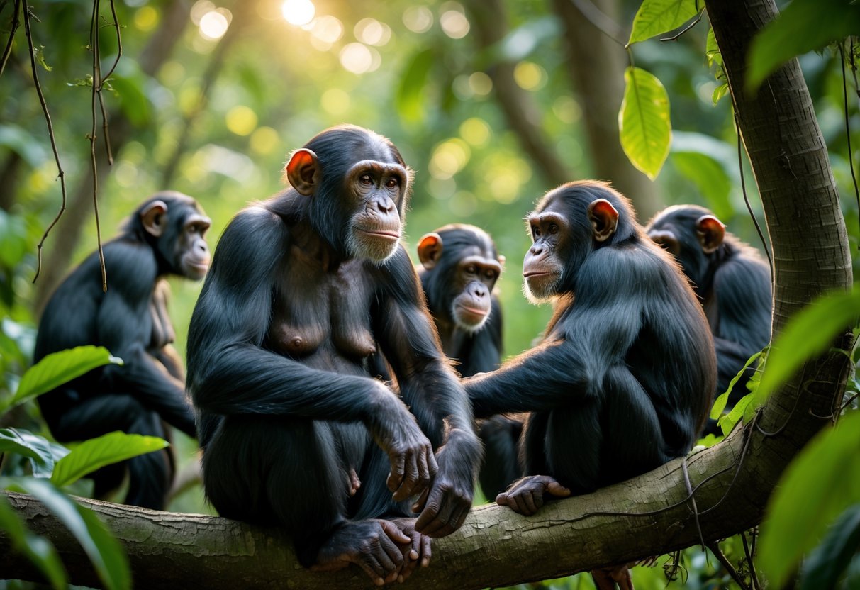 A mature female chimpanzee sitting on a tree branch with a younger male chimpanzee nearby in a forest setting.
