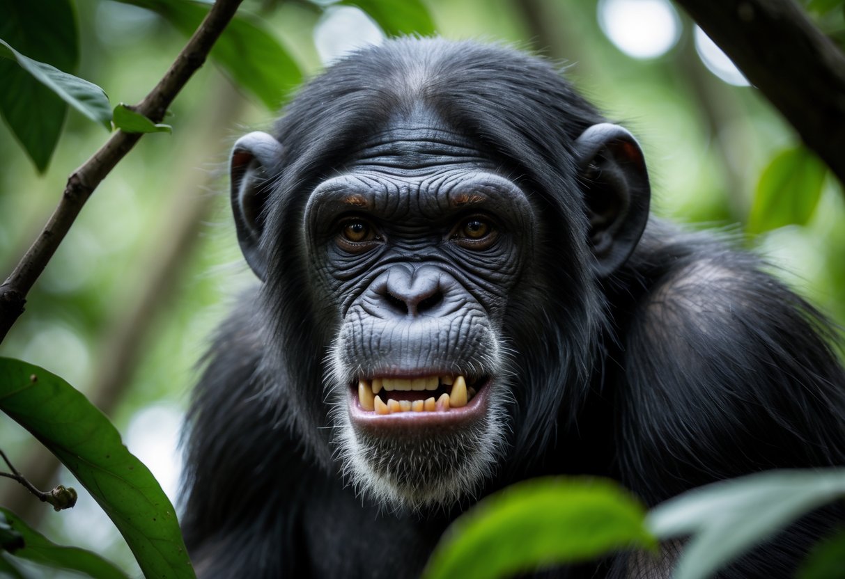 Close-up of a chimpanzee showing an intense, aggressive expression in a forest setting.