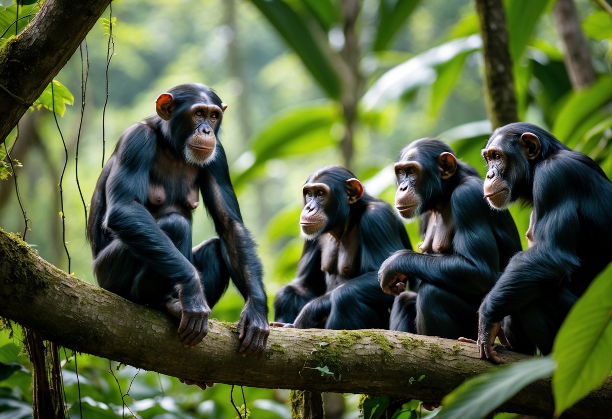 A group of chimpanzees in a forest with an older female chimpanzee sitting on a branch while several male chimpanzees show interest around her.
