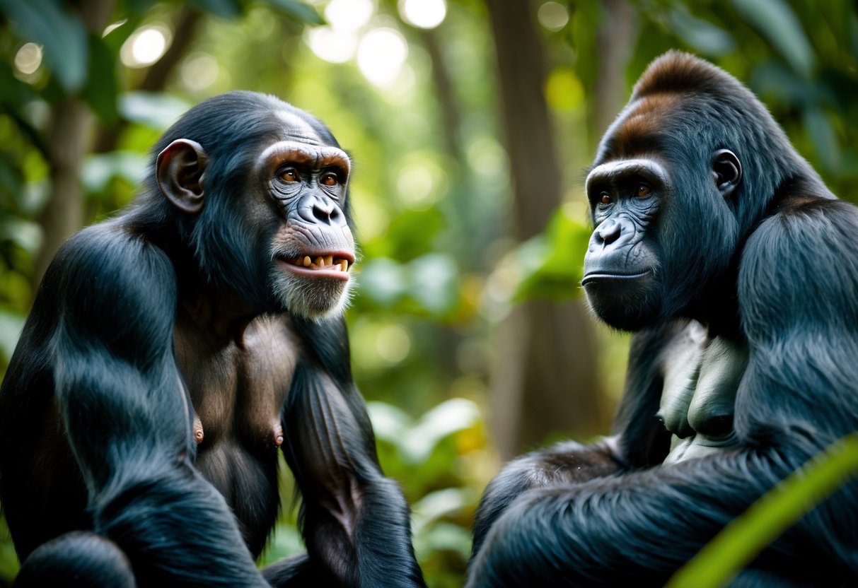A chimpanzee and a gorilla facing each other in a dense jungle setting, with the chimpanzee appearing alert and the gorilla calm.
