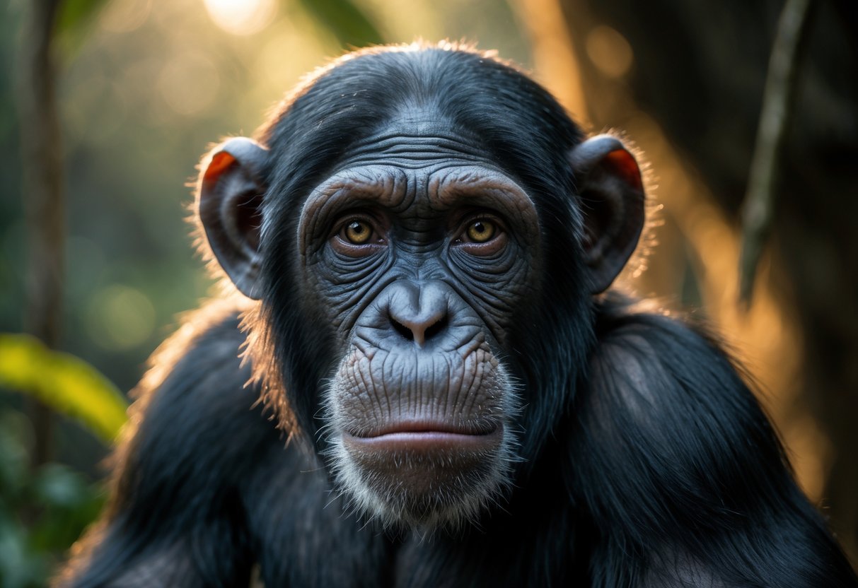 Close-up of a chimpanzee with a sad expression and moisture near its eyes in a natural jungle setting.