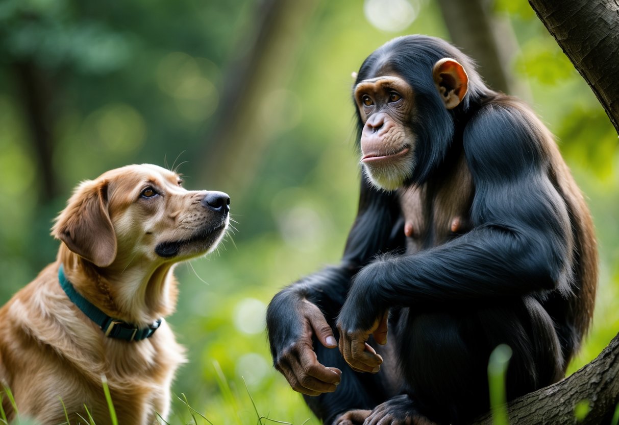 A chimpanzee sitting on a tree branch looking at a golden retriever dog sitting on the grass in a green forest.
