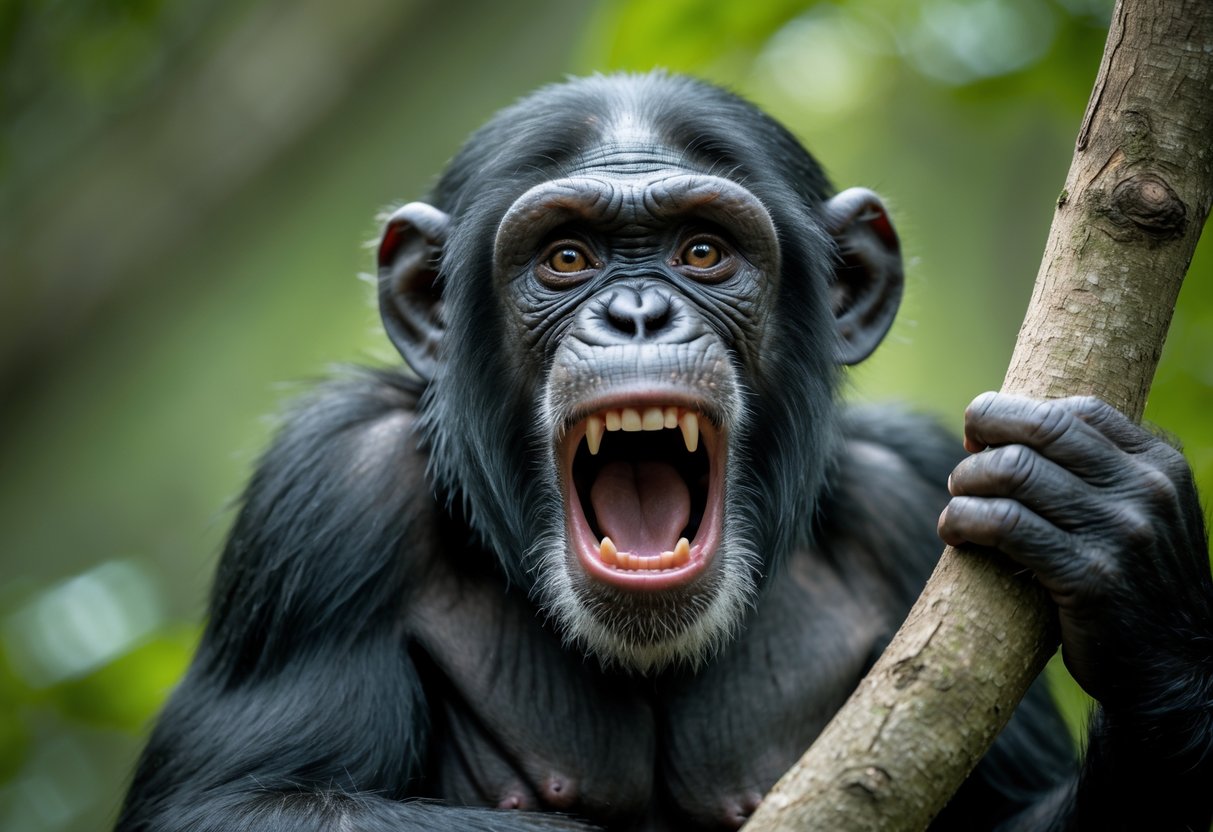 A chimpanzee screaming with mouth open wide in a forest setting.