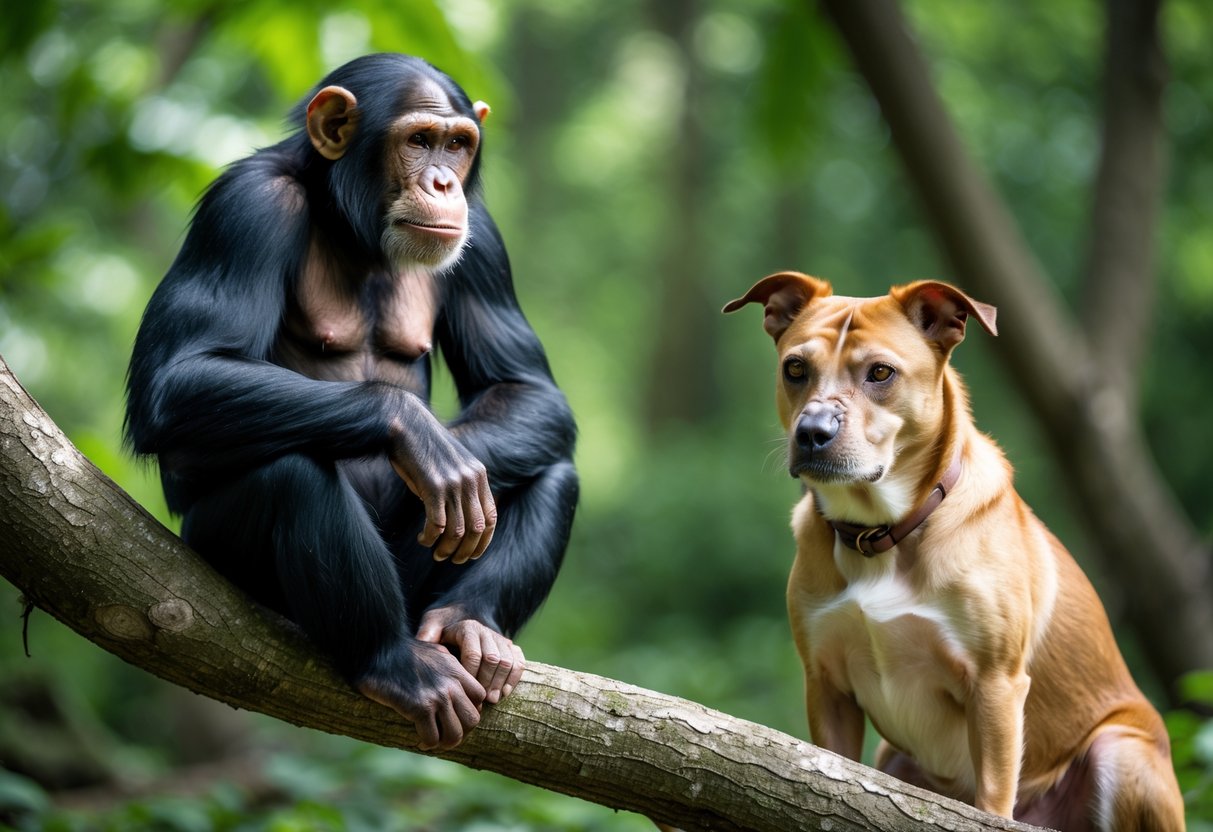 A chimpanzee sitting on a tree branch and a dog sitting on the ground next to it in a forest, both looking attentive.
