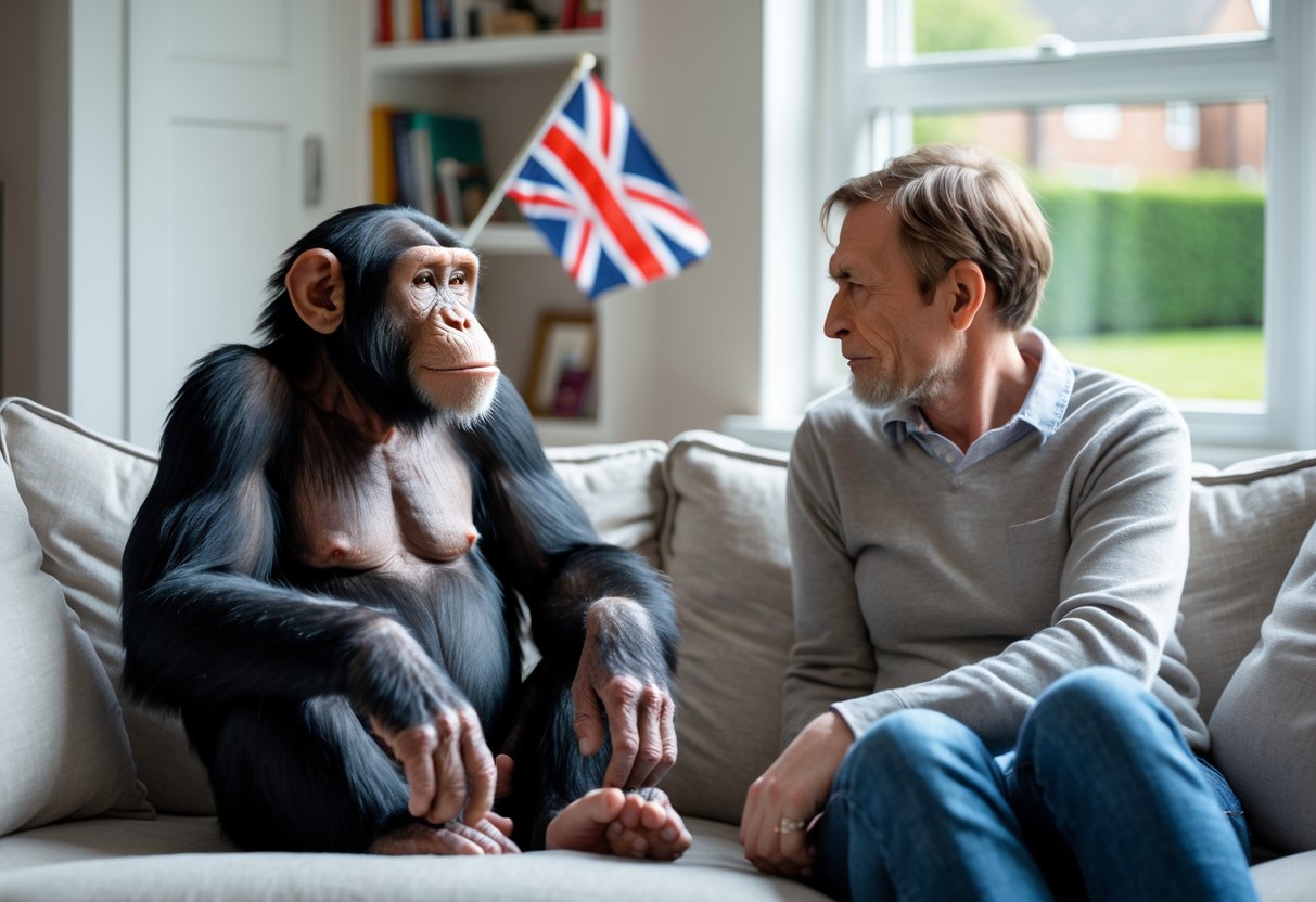 A chimpanzee sitting calmly on a sofa next to a person in a British living room with a window showing a garden outside.
