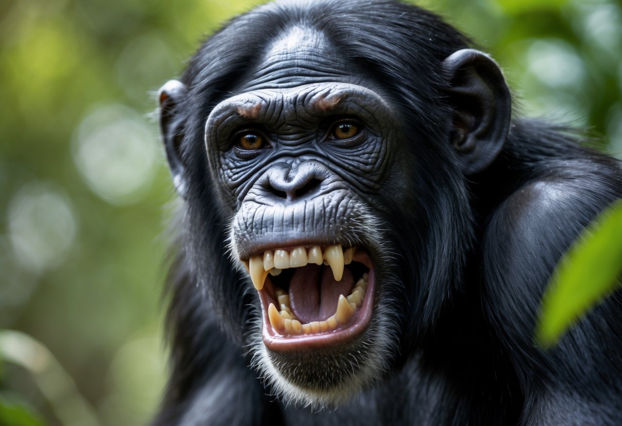 Close-up of a chimpanzee showing its teeth with an intense expression in a natural outdoor setting.