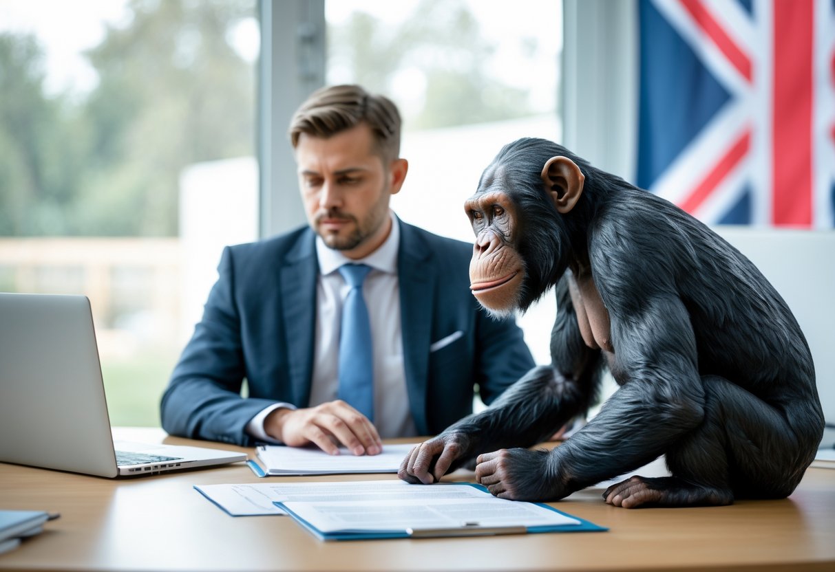 A person in an office reviewing documents with a chimpanzee statue and a British flag in the background.