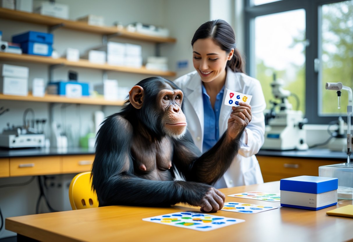A chimpanzee sitting at a table looking attentively at a human researcher holding a colorful flashcard in a bright research laboratory.