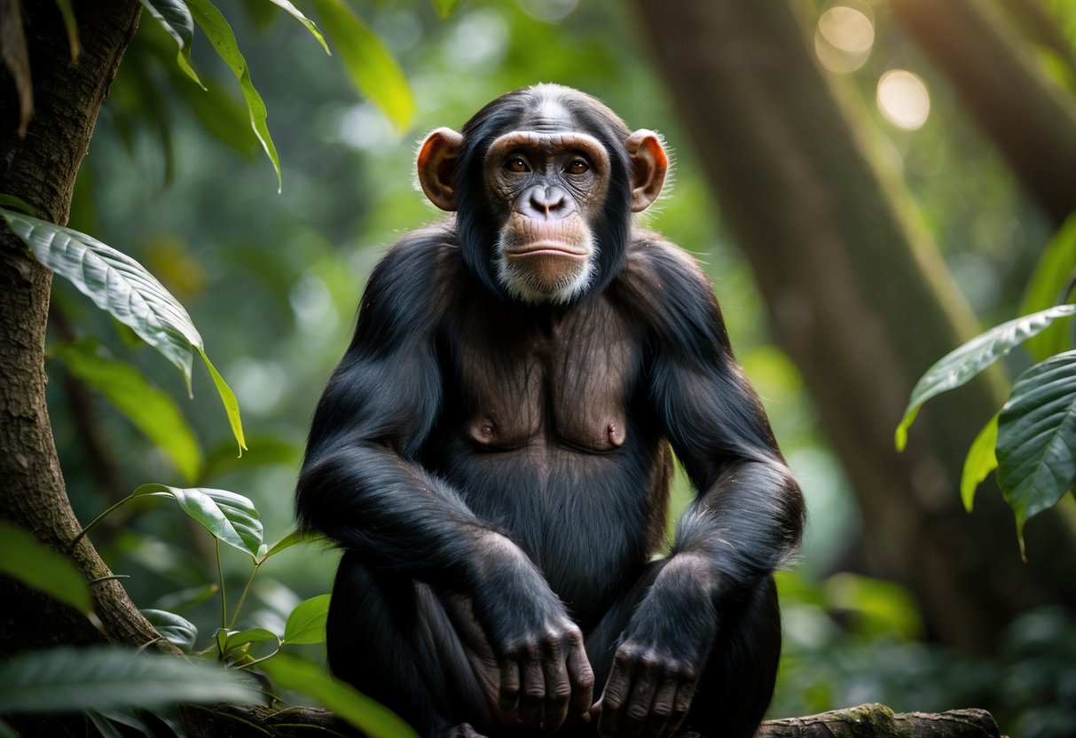 A chimpanzee sitting thoughtfully in a jungle setting with green leaves around it.