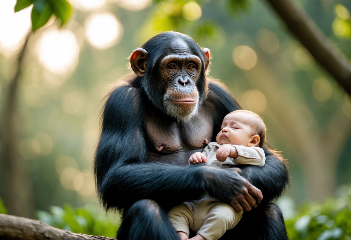 A chimpanzee gently holding a human baby outdoors, showing a calm and protective interaction.