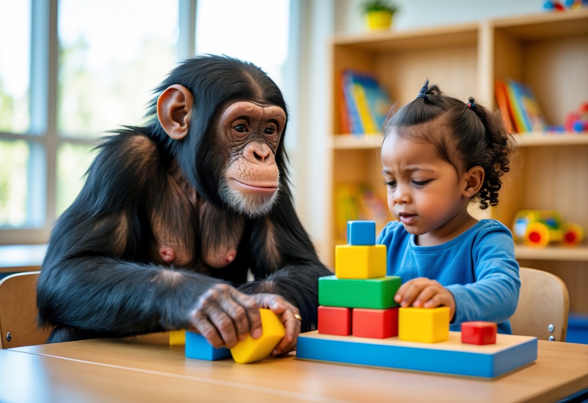 A young chimpanzee and a 5-year-old child sitting together at a table, playing with colorful blocks in a bright classroom.